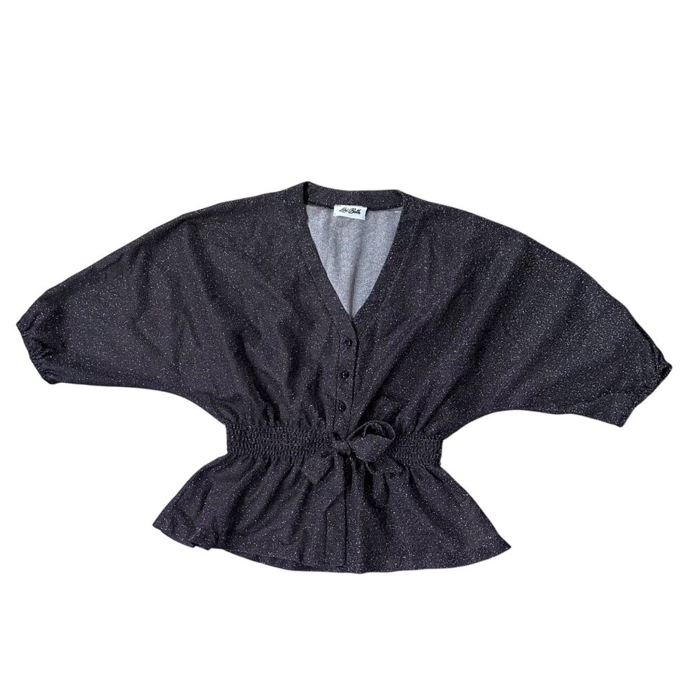 Vintage Black Shirt Sparkly Womens Kimono Style Top Stretch Waist Size Large - Picture 2 of 7